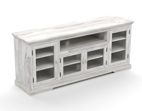 Image of Sheesham Solid Wood TV Cabinet for Living Room | Handcrafted Wooden TV Unit with Storage | Elegant Entertainment Stand for Modern Homes (Glass Tv Cabinet, Rustic White)