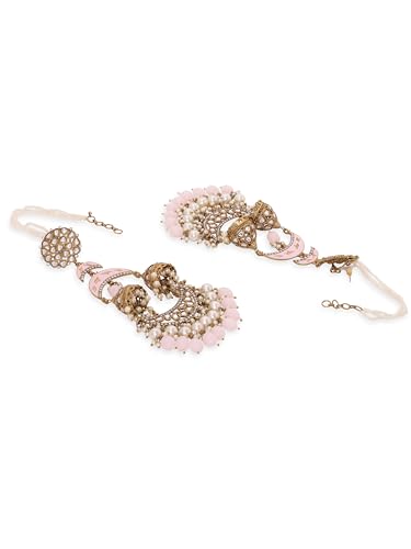 Image of Rubans Long Jhumka Earrings with Ear Chain Pearl Beaded Traditional Wedding Jewellery Gift for Women & Girls
