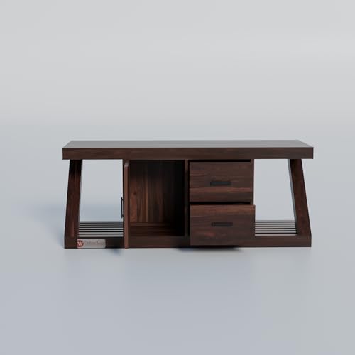 Image of DRIFTINGWOOD Zenith Modern Z-Shape TV Console for Up to 50 Inch TV, Solid Sheesham Wood Media Stand with 3 Storage Compartments (1 Cabinet, 2 Drawers), Walnut Finish
