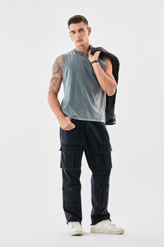Image of SNITCH Men Cargo Pants | Baggy Fit with Multiple Utility Pockets & Turned-Up Cuffs | Cotton Blend Fabric for Streetwear & Casual Outings