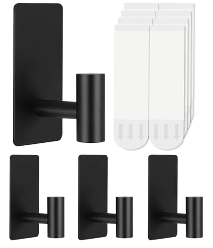 4 Pcs Towel Hooks Heavy Duty for Hanging,Adhesive Wall Hooks with Removable Strips,Sticky No Damage,Outdoor for Bathrooms,Shower,Stockings,Decor,Robe,Large,Black 304 Stainless Steel