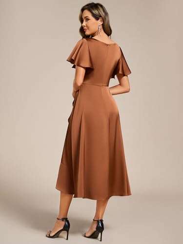 Image of Ever-Pretty Women's V Neck Satin Short Sleeve A Line Hi-Lo Midi Asymmetry Hem Bridesmaid Dress 02318