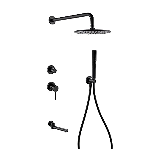 ZHOUWENQION レインシャワーシステム マットブラック 多機能シャワーコンボセット ウォールマウント バスルームシャワー蛇口セット シャワーヘッド付き 手持ちシャワー、バスタブ蛇口、埋め込みボックス、10インチ