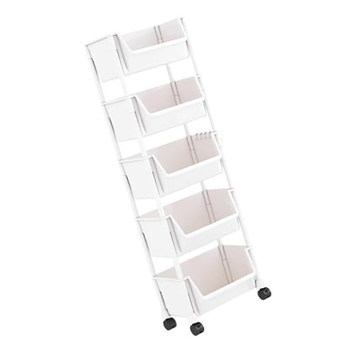 ポータブルスリムライン本棚可動棚ブレーキキャスターと狭いスペース用のフック付きポータブル狭い収納棚階段スペース利用者