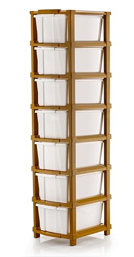 Image of 7 Layer Plastic Modular Storage Drawer Organizer | Chest of Drawer Storage Box for Living Room, Office, School and Home Toys | Organiser for Kids Room | Ivory & Brown (7-Layer ivory)