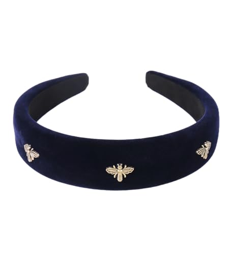 YARN & INK Women's Honeybee Cute Velvet Headbands, Fashion Padded Hair Accessories Vintage Headband for Women Girls (Dark Blue Bee)
