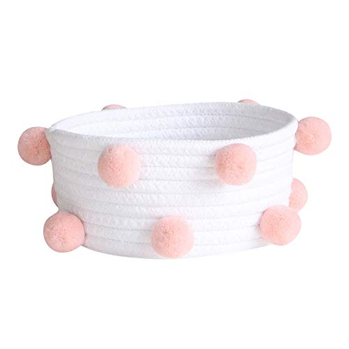Wongfon coton corde panier tissé rond panier bébé pépinière boîte de rangement Home Decor bureau étagère organisateur avec pompons Cover