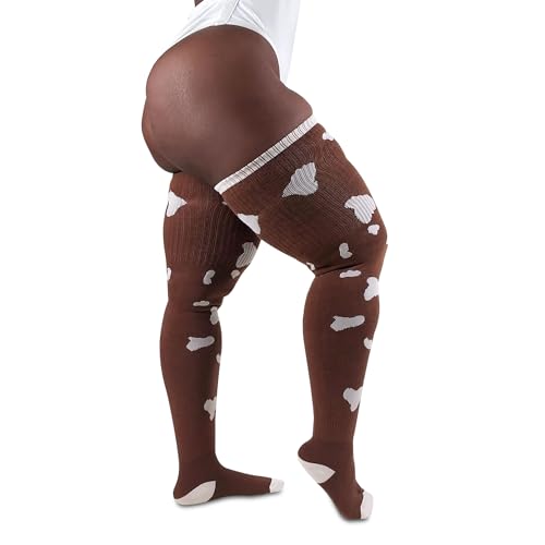 Image of Thunda Thighs Plus Size Thigh High Socks, Over the Knee High Boot Stockings Leg Warmers, Extra Long & Thick Socks Cow Print (Print Tan)