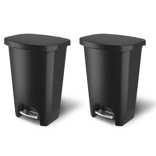 Image of Glad 2 Pack Premium 20 Gal Trash Can, Plastic Kitchen Waste Bin with Odor Protection of Lid, Stainless Steel Foot Pedal and Garbage Bag Rings, Black
