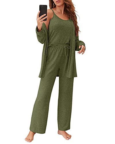 Fessceruna Womens 3 Piece Pajama Set Cami Tank Top Wide Leg Pants and Cardigan Loungewear Lounge Sets