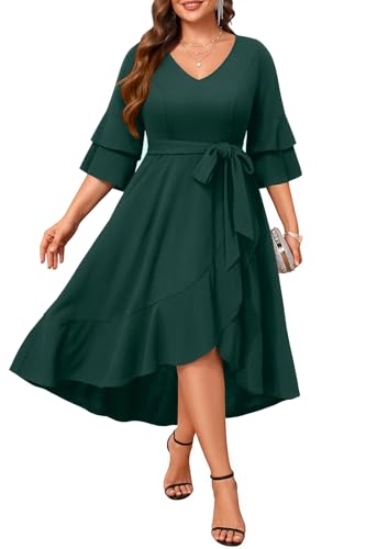 Image of Plus Size Wedding Guest Dress - Double Bell Sleeve High Low Split Dresses | Semi formal cocktail dress, V-neck double bell sleeves with belted high-low split ruffle hem.