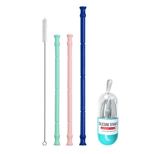 longzon. [6 piezas] Pajitas Reutilizables de Silicona, Pajitas Plegables de Grado Alimenticio, 2 Conjuntos de Cápsulas, Cepillos de Limpieza, sin BPA - Azul oscuro/Gris/Rosa/Verde Claro