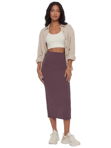 Image of Rooscier Women's High Waisted Pencil Midi Skirt | Stretchy Bodycon Knee Length Skirts with Back Slit