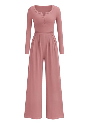 PRETTYGARDEN Jumpsuits for Women Dressy Casual 2026 Fall One Piece Outfits Long Sleeve Wide Leg Pants Romper Fashion Clothing (Pink,X-Large)