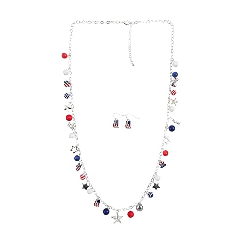 Image of Madison Tyler 4th of July Necklace for Women | American Statue of Liberty Heart Star Uncle Sam Hat USA Bead Pandent Necklace | Independence Day Patriotic Earring Necklace Jewelry Set