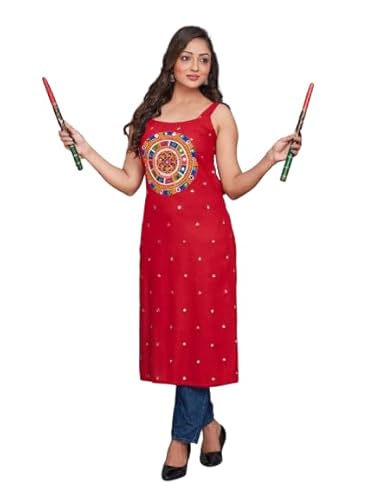 Embroidered Long Kurti for Women, Multicolour Design, Gamthi Work Heavy Rayon