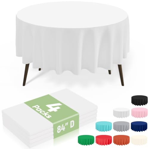 Image of misaya 4 Packs Disposable Plastic Table Cloth, 84 inch Round Waterproof Tablecloth, Leakproof & Sturdy Decorative Table Covers for Picnic, Party, Outdoor and Back to School, White