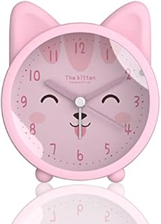 Cute Animal Alarm Clock for Kids, Non-Ticking Rabbit/Cat/Deer Clock, Desk Bedside Silent Alarm Clock with Backlight (Cat,Pink)