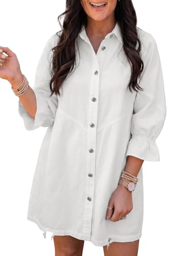 Image of Sidefeel Womens Smocked 3 4 Sleeve Button Down Denim Jeans Dresses