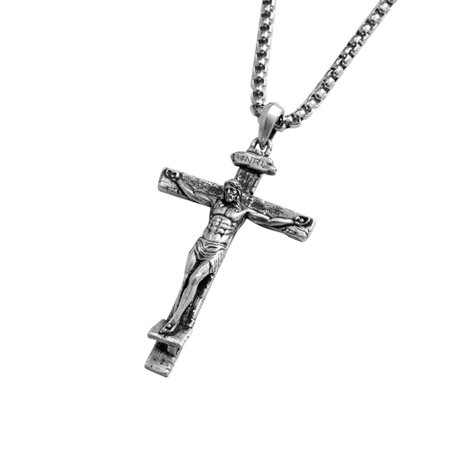Sterling Silver Crucifix Pendant Necklace for Men Women, Jesus Cross Necklace for Boy Christmas Gift