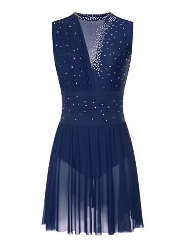 Oyolan Femme Robe Patinage Artistique Justaucorps Gymnastique Danse Strass sans Manches Tenue Danse Contemporaine S-XXL A Bleu Marine S