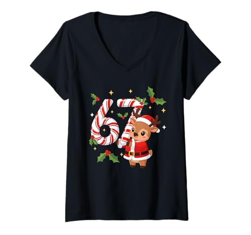 Womens Funny 67 Meme Reindeer Christmas PJm Men Women Family V-Neck T-Shirt