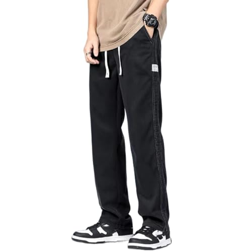 Spring Summer Men's Jeans Thin Loose Straight Leg Drawstring Elastic Waist Korean Casual Pants