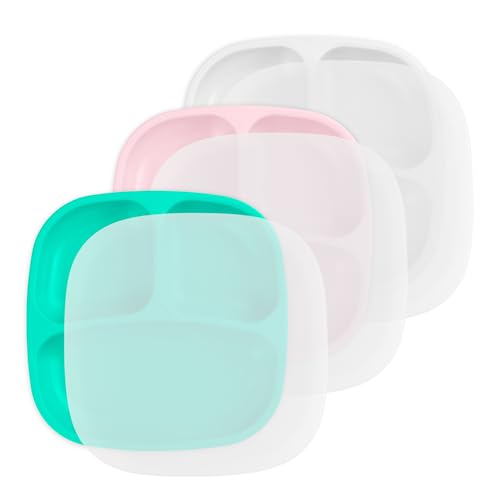 Image of Re-Play Made in USA 7" Deep Walled Divided Plates for Kids, Set of 3 With 3 Lids - Reusable 3 Compartment Plates, Dishwasher and Microwave Safe - 7.37" x 7.37" x 1.25", Fresh