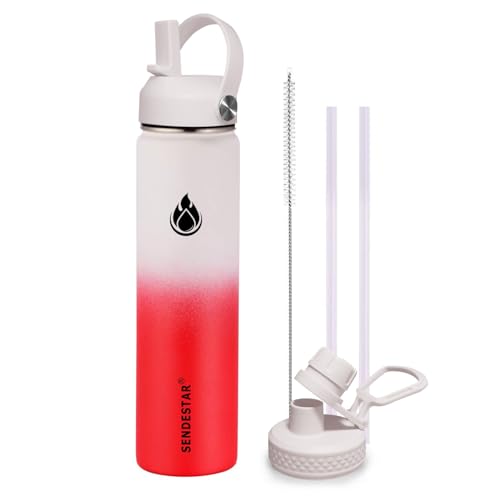 Image of SENDESTAR Stainless Steel Wide Mouth Water Bottle 24oz Double Wall Vacuum Insulated Leak Proof Bottle with New Flex Straw Lid & Spout Lid