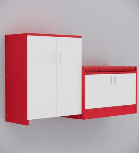Image of SPECIALITY PANELS Shoe Rack with Cushioned Seating Bench | 2 Door Shoe Cabinet with Storage | Shoe Organizer for Entryway Home Living Room | Combo Set of 2 | DIY Assembly | Red and White