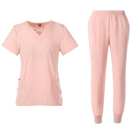 Meichoon Mujeres Enfermera Uniforme Conjunto de Split Top de manga corta con 4 bolsillos Slim Fit Jogging Yoga Pantalones Médico Uniformes DK53Pink S