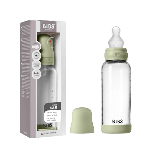 BIBS Baby Glass Bottle. Anticólicos. Tetina redonda de Silicona. Favorece la lactancia natural, 240ml, Complete Set - Sage