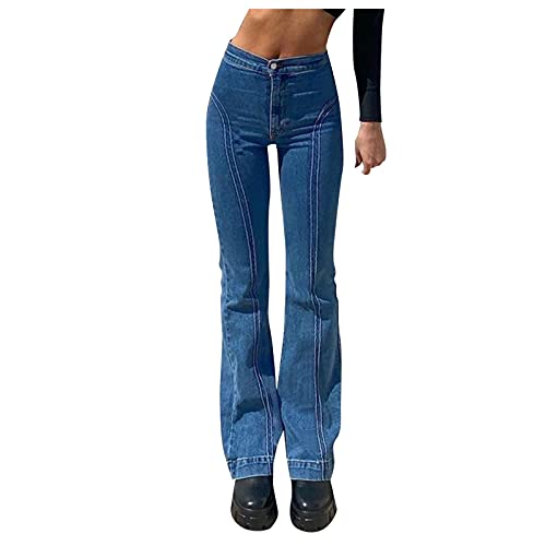 Fullfun_2019 Women's Classic Bootcut Jeans Button High Waist Patchwork Pocket Elastic Solid Color Jeans Slim Denim Pants (Blue, M)
