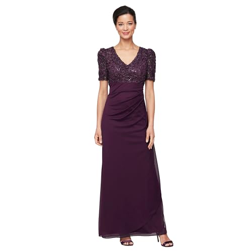 Image of Alex Evenings Women's Wedding Guest Dress with V-Neck Stretch Sequin Bodice and Empire Waist (Petite and Regular Sizes)