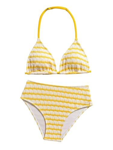 Image of RoseSeek Girl's Tie Dye Smocked 2 Piece Swimwear Sets Backless Halter Bikini Cute Brief Bathing Suit