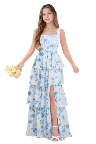 dideyttawl Junior Bridesmaid Dress Spaghetti Strap Square Neck Layered Chiffon A-Line Flower Girl Dress with Slit 25092