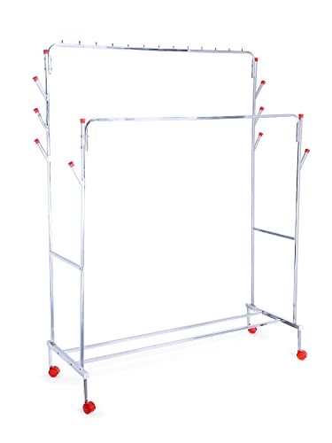 Image of LIMETRO STEEL Clothes Rack with Bottom Shelves | Closet Organizer Coat Hanger | Multipurpose Dual Rod + Wheels | Garments Rack with Bottom Shelf