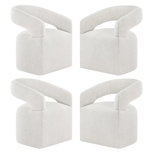 Image of KISLOT Upholstered Dining Chairs Set of 4, Modern Rolling Dining Chairs with Hidden Casters, Arm Kitchen Chairs with Linen Look Fabric, Padded Barrel Chairs for Dining Room, Kitchen, Bedroom, Beige