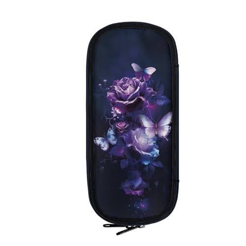 Image of Purple Rose Flowers Butterflies Pencil Case Box, Big Capacity Pen Pouch Pencil Holder for Preschool Kindergarten Elementary Middle School Student
