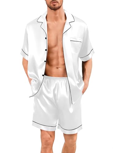 Image of SWOMOG Men Silk Pajama Set Short Sleeve Satin PJs Sets 2 Piece Button Down Sleepwear Soft Summer Loungewear with Pockets