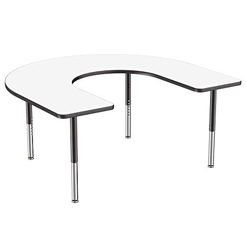 Image of FDP Dry-Erase Mobile Horseshoe Activity School and Office Table (60 x 66 inch), Super Legs w / Glides and Casters for Collaborative Spaces, Adjustable Height 19-30 inches - Whiteboard Top /Black Edge