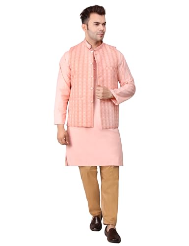 Image of Men's Cotton Silk Blend Regular Kurta Pyjama, Embroidered Nehru Jacket /Waistcoat Set