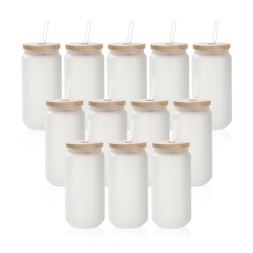 Image of PYD Life 12 Pack Sublimation Glass Cans Blanks Frosted 18 OZ with Bamboo Lid and Clear Glass Straw Beer Cans Wide Mouth Jar Tumbler Cups Mugs for Iced Coffee,Juice,Soda,Drinks,Beer