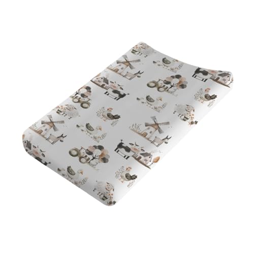 Boho Farm Animals Baby Changing Pad Covers for Boy Girl 32''x16'' Cow Chicken Duck Lamb Donkey Barn Windmill Flower Fitted Diaper Change Table Mats Spring Farm Life Soft Nursery Changing Table Sheets