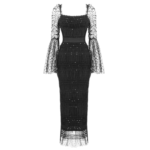 Women's Sequins Mesh Splicing Midi Dress Solid Dot Slim Dresses Square Collar Workwear Dress