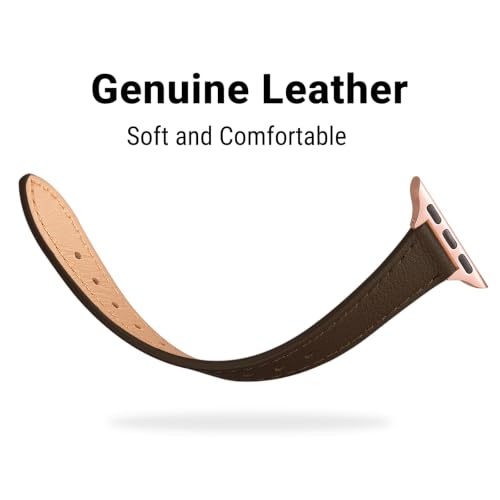 Image of STIROLL Slim Leather Bands Compatible with Apple Watch Band 38mm 40mm 41mm 42mm 44mm 45mm 49mm,Top Grain Leather Watch Thin Wristband for iWatch Ultra SE Series 8 /7 /6 /5 /4 /3 /2 /1 (Coffee with Rose Gold)