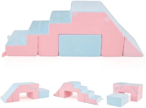 Costzon 4-in-1 Foam Climbing Blocks, Indoor Climbers Play Structures w/Slide, Stair & Tunnel,Removable Plush Cover, Climb & Crawl Play Gym, Foldable Climbing Toy for Toddler 3+ (2 PCS,Pink & Blue)