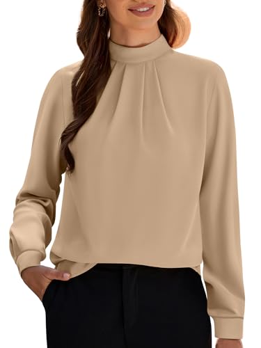 Funlingo Women's Long Sleeve Tops Dressy Casual Mock Neck Work Blouse Fall Trendy Front Pleated Tunic Chiffon Shirts