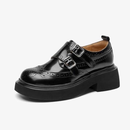 Image of BEAU TODAY Womens Leather Loafers, Monk Strap Womens Loafers, Business Casual Office Shoes, Brogue Wingtip Slip-on Dress Shoes