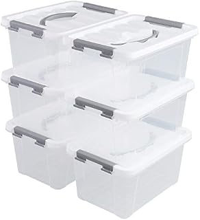Hespama 5L Storage Boxes, Plastic Latching Box with Gray Handle, Pack of 6